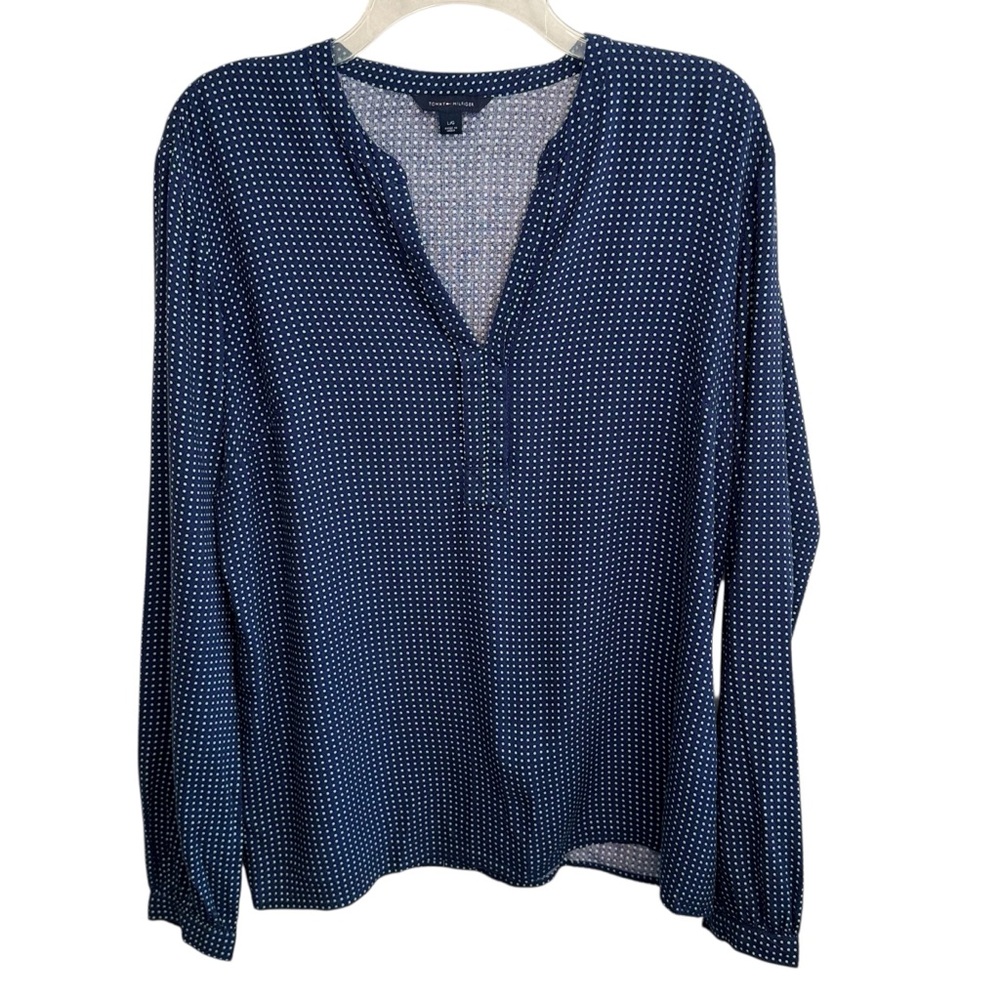 TOMMY HILFIGER Rosini V-Neck Blue Polka Dot Tunic Blouse Size Large - Picture 2 of 12